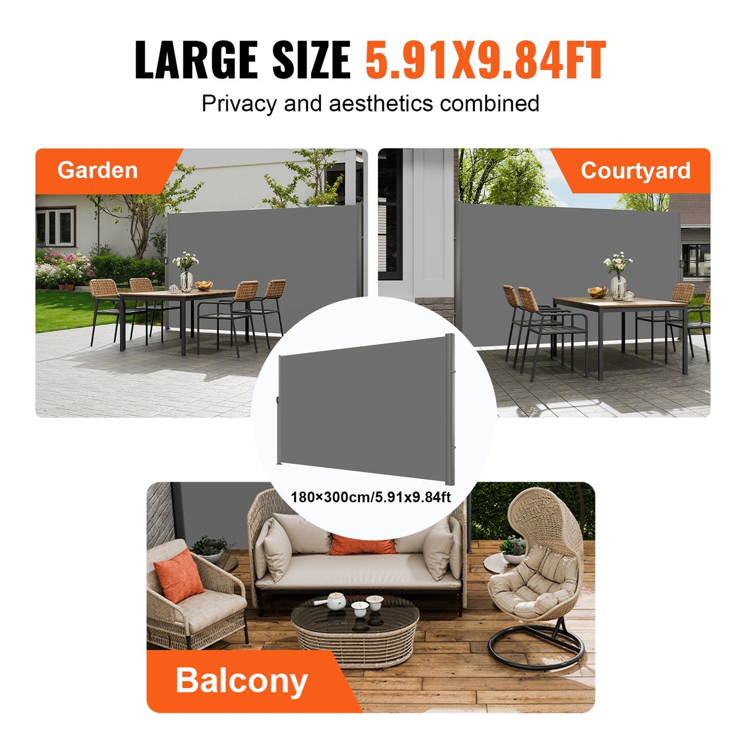 Retractable Side Awning, 71''-118'' Full Aluminum Rust-Proof Outdoor Privacy Screen