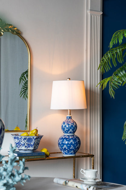D13x25.7' Blue and White Round Two-Tiered Ceramic Vase Lamp