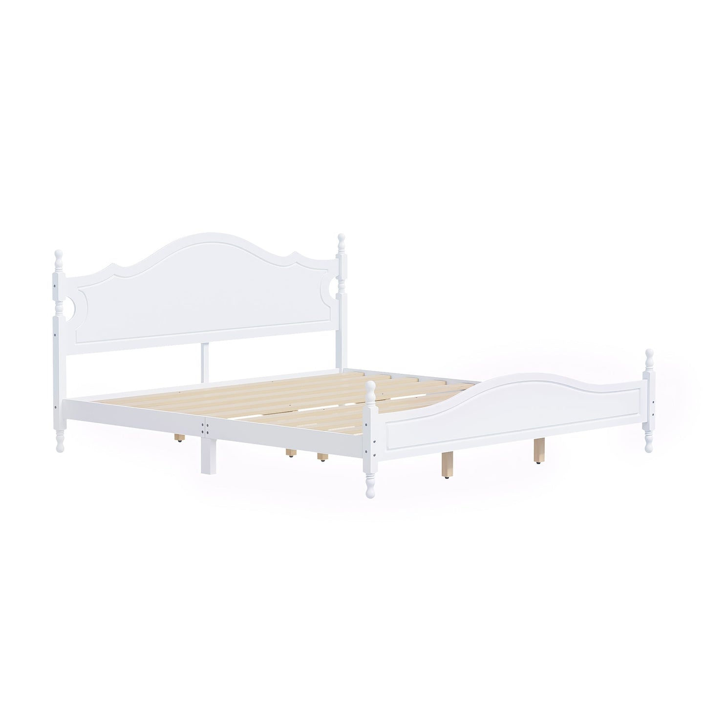 King Bed Frame with Headboard, Retro Style Wooden Platform Bed