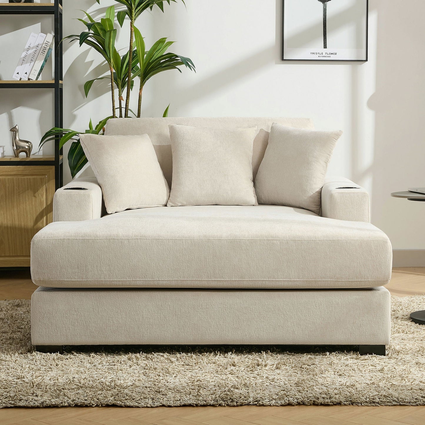 Oversized Chaise Lounger Modern Style Sofa Couch With Pillows, Charge Station & Cup Holders