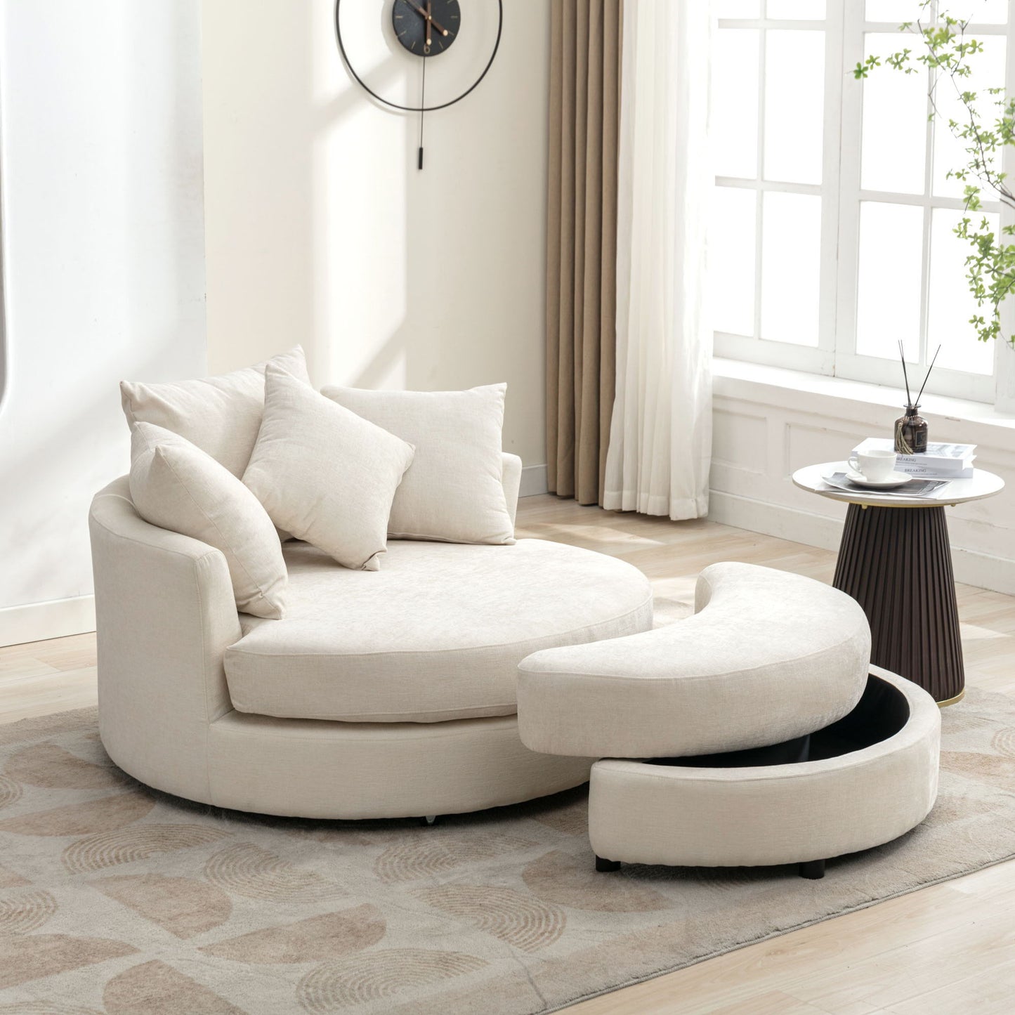 360° Swivel Accent Barrel Chair With Storage Ottoman & 4 Pillows, Modern Leisure Chair Round Accent For Living Room