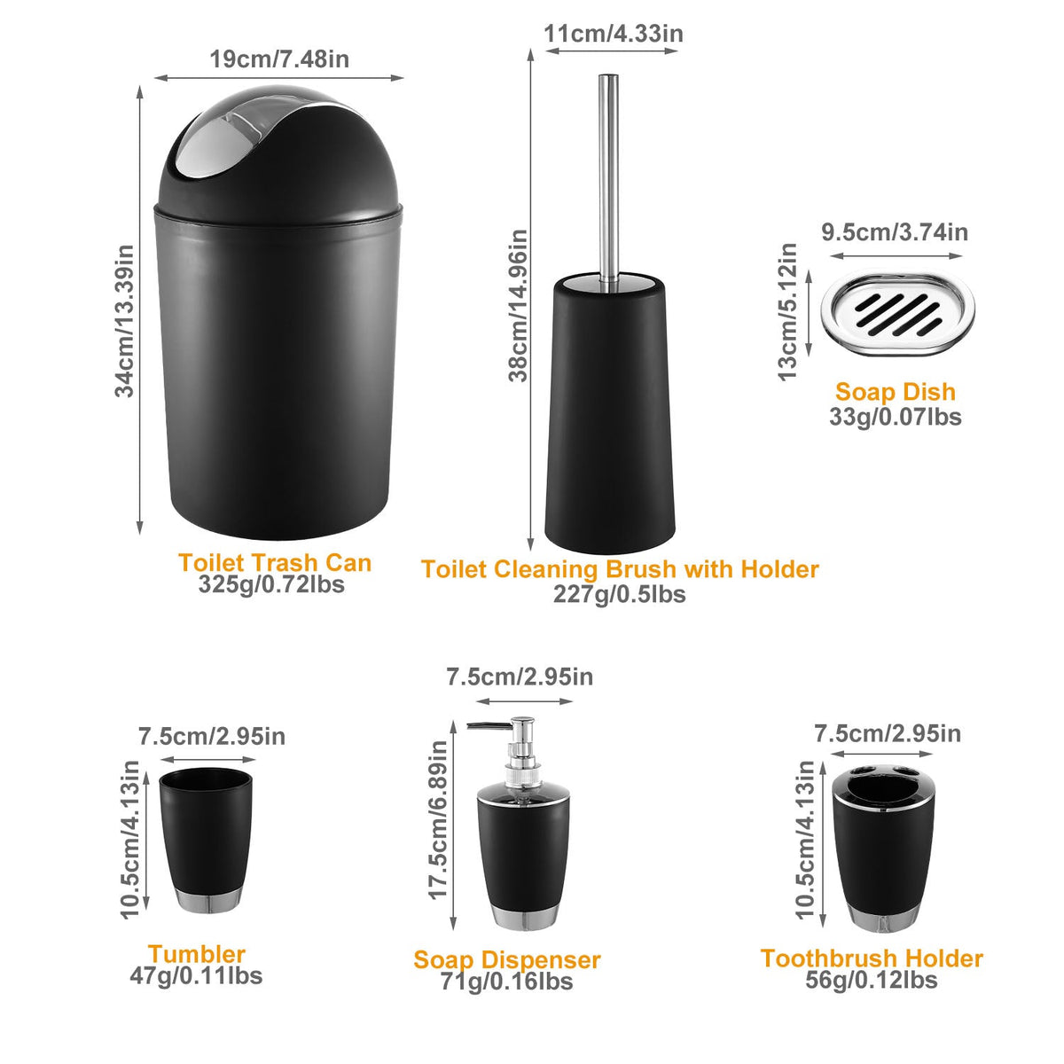 Bathroom Accessories Set 6 Pcs Bathroom Set Ensemble Complete Soap Dispenser Toothbrush Holder Tumbler Soap Dish Toilet Cleaning Brush Trash Can