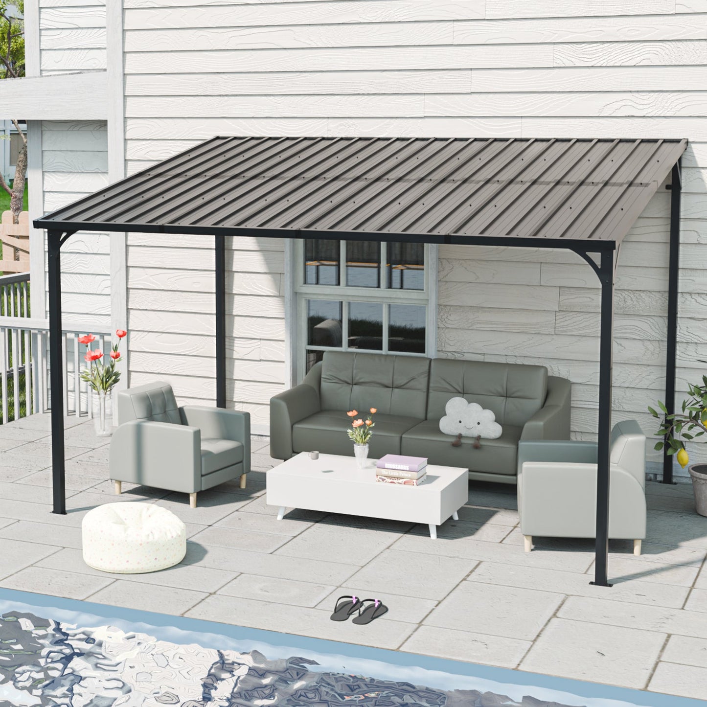 Outdoor Pergola 12' x 8' Galvanized Steel Lean-to Wall-Mounted