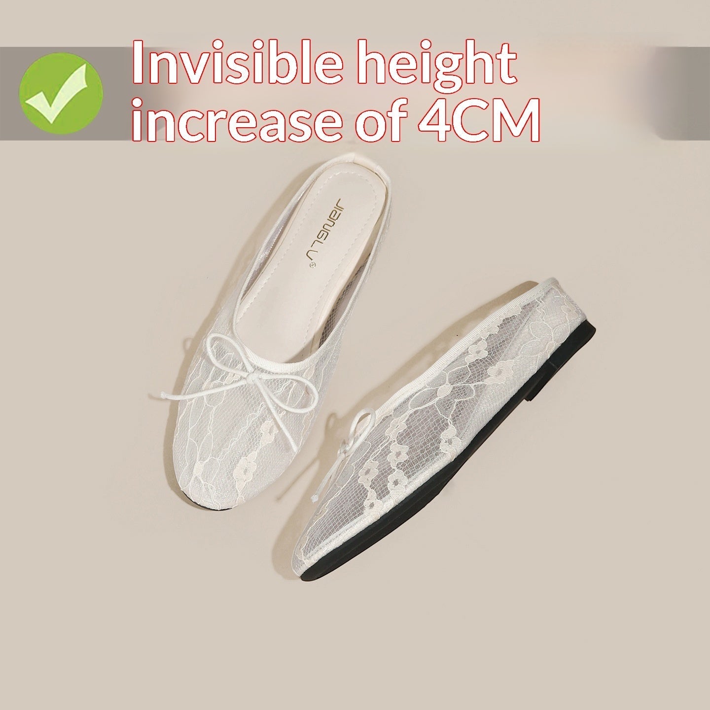 4cm Hidden-Heel Bow-Knot Lace Fishnet Breathable Hollowed-Out Closed-Toe Half Slippers