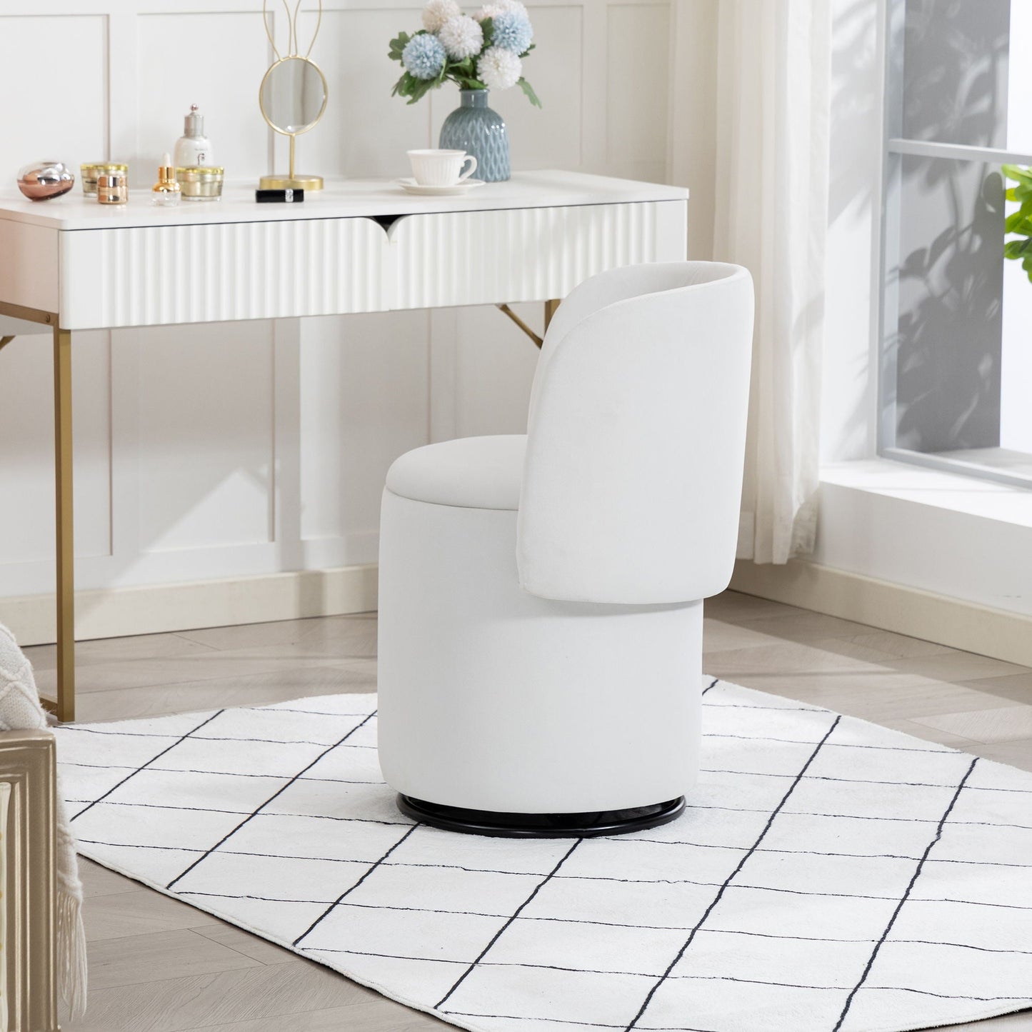 Barrel Chair With Built In Storage, 360° Swivel - Beige