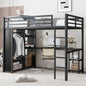 Full Size Loft Bed Frame with Built-in Wardrobe, Metal Loft Bed with Desk and Storage Shelves