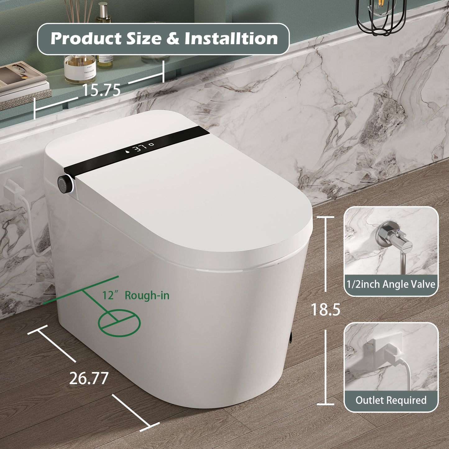 Smart Toilet With Bidet Built-In, Auto Flush, Heated Seat & Warm Air Drying