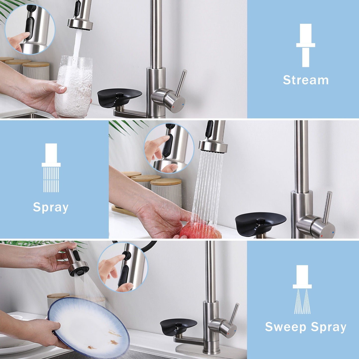 3 In 1 Kitchen Faucet With Press Type Glass Rinser, High Arc Pull Down Sprayer