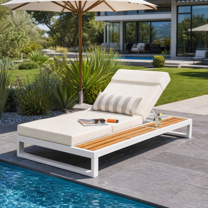 White Iron & Teak Finish Chaise Lounge Set: 1 Frame + 1 4-Fold