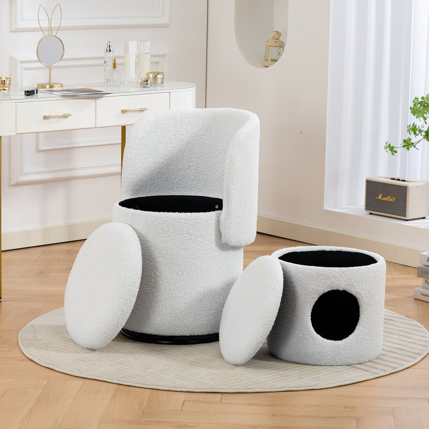 Barrel Chair & Built In Storage, 360° Swivel - Beige