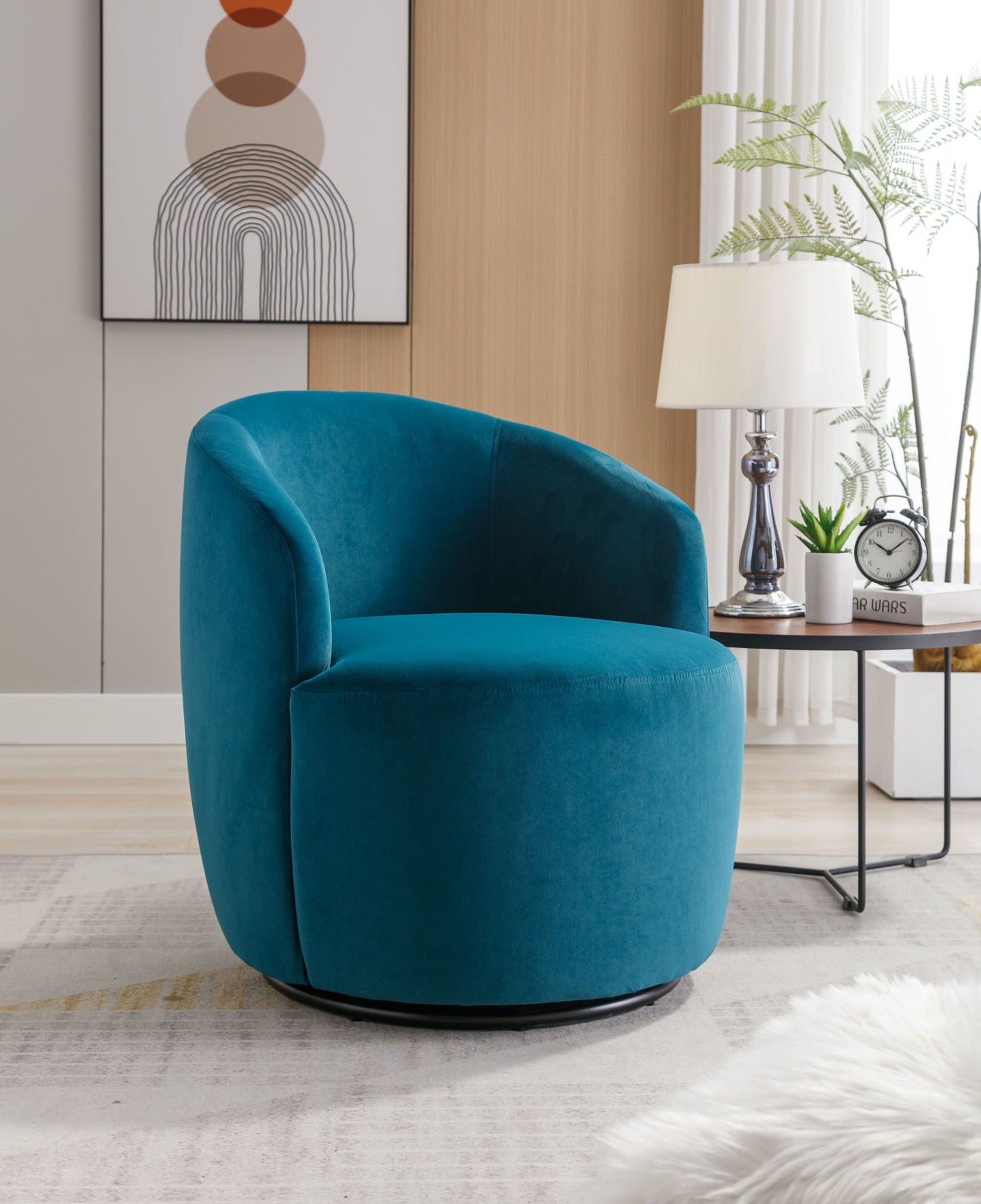 Swivel Accent Armchair Barrel Chair With Powder Coating Metal Ring