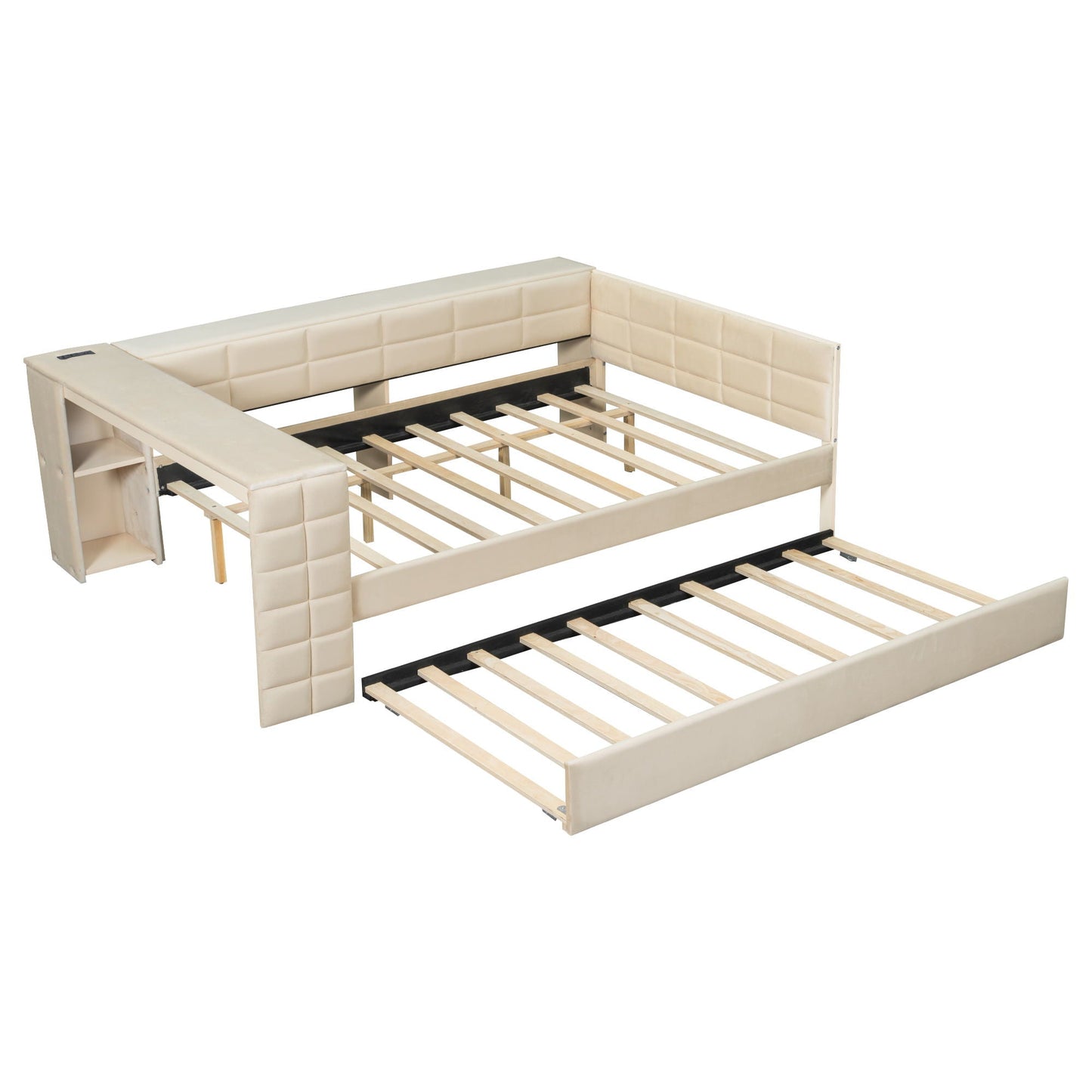 Upholstered Platform Bed With Storage Shelves, Desk, Charging Station And Trundle