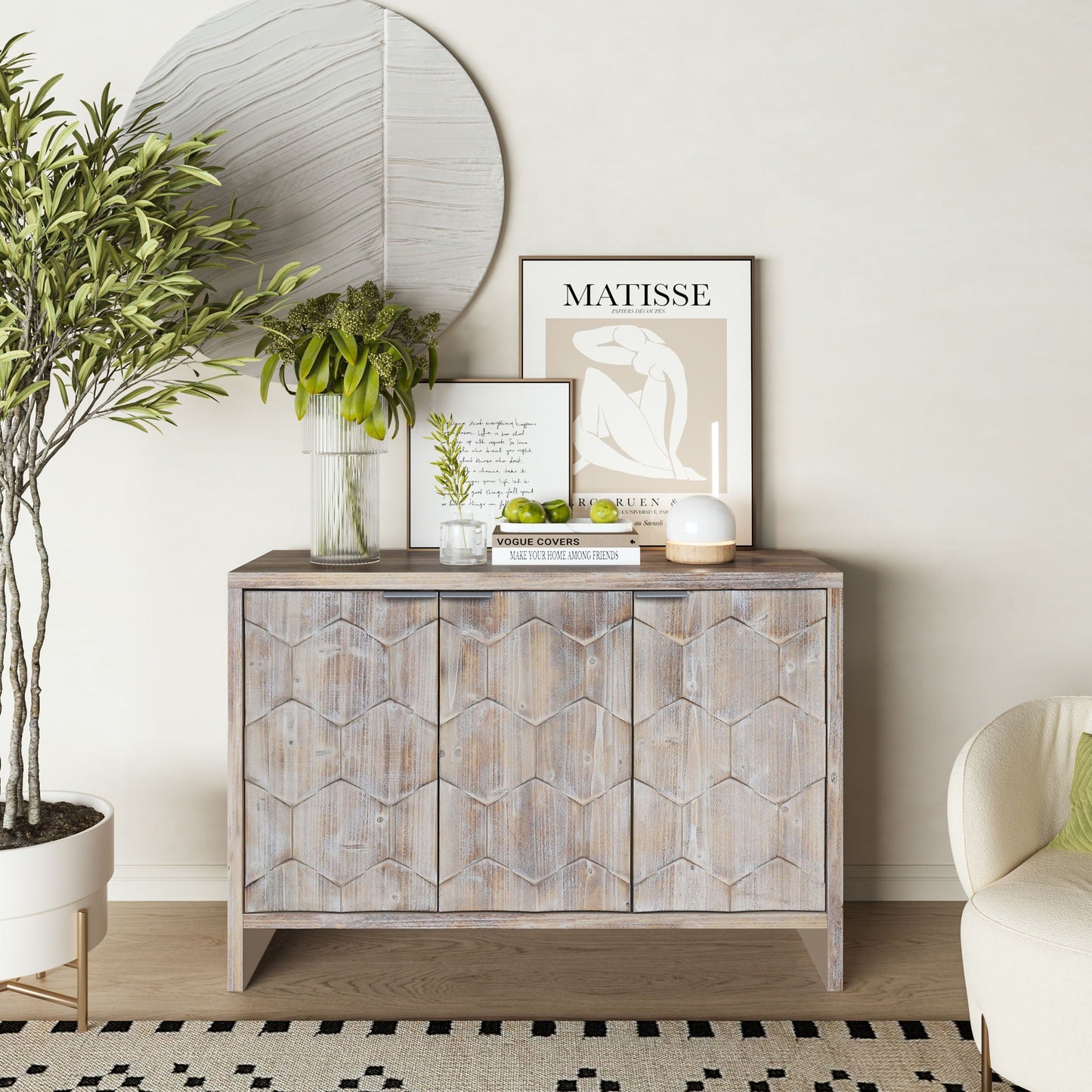 Accent Cabinet Farmhouse Style 3 Door Wooden Cabinet Sideboard Buffet Server Cabinet Storage Cabinet, For Living Room - Natural Wood Wash