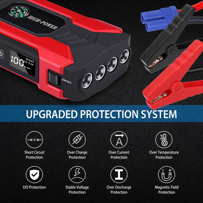 Car Jump Starter Booster 800A Peak 28000mAh 12V Battery Charger (Up to 6.0L Gas or 3.0L Diesel Engine) w/ LCD Screen 4 Modes LED Flashlight