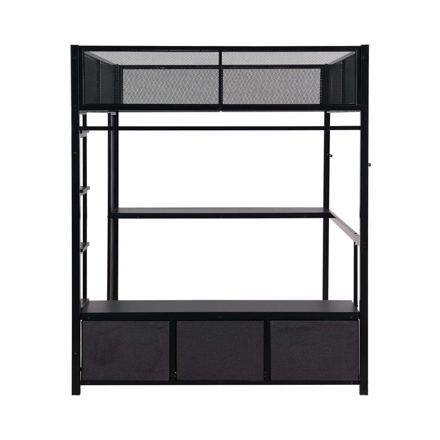 Full Size Gaming Loft Bed With LED Desk, Open Wardrobe, 3 Linen Storage Drawers - Black