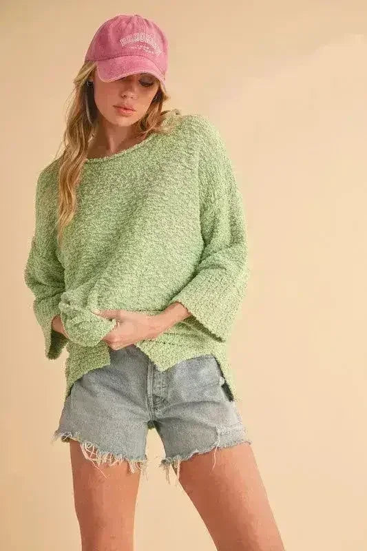 Ribbed Hem Sweater - Side Slit Round Neck Pullover | Femstylo