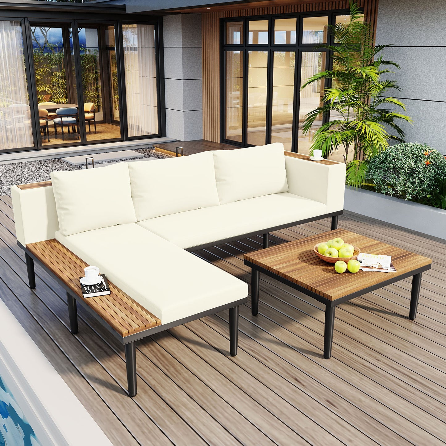 Luxury L-Shaped Acacia Wood Patio Furniture Set with Cushions
