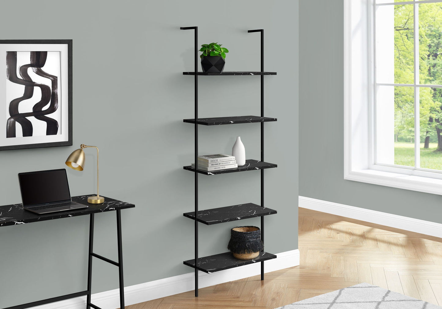 Bookshelf, Bookcase, Etagere, Ladder, 5 Tier, For Office, Marble Look Contemporary & Modern
