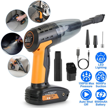 4 In 1 Cordless Car Vacuum Cleaner and Tire Inflator with LED Light Digital Display Tire Pressure Gauge 150PSI Rechargeable Air Compressor Pump Essent