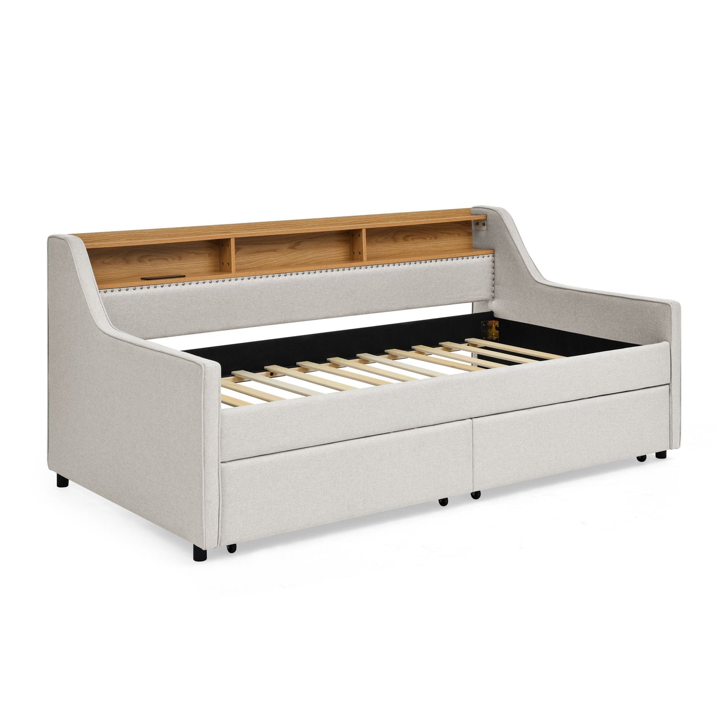 Twin Upholstered Sofa Bed With LED Lights, Storage Drawers, Adjustable Headboard & Wireless Charging - Beige