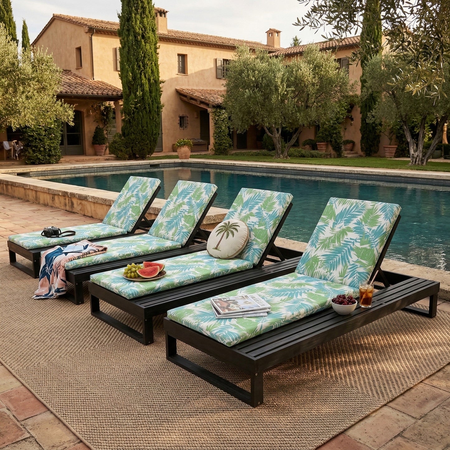 Black Acacia Wood Chaise Lounge with Leaf Coconut Cushion