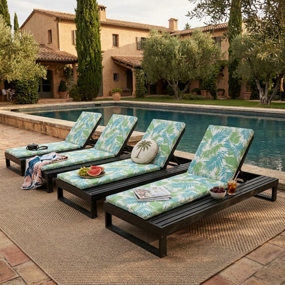 Black Acacia Wood Chaise Lounge with Leaf Coconut Cushion
