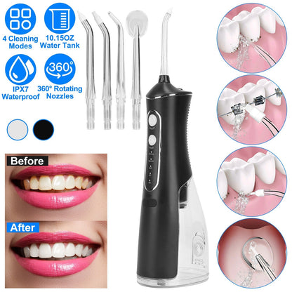 Portable Water Dental Flosser Cordless Rechargeable Dental Oral Irrigator IPX7 Waterproof Teeth Cleaner with 4 Modes 4 Nozzles 10.15oz Detachable Wate