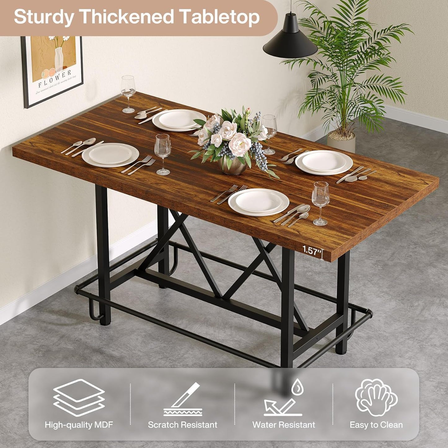 Counter Height Dining Rectangular Kitchen Table For 6 - Brown / Black