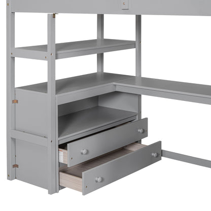 Loft Bed With Desk, Shelves, 2 Drawers, Storage Staircase