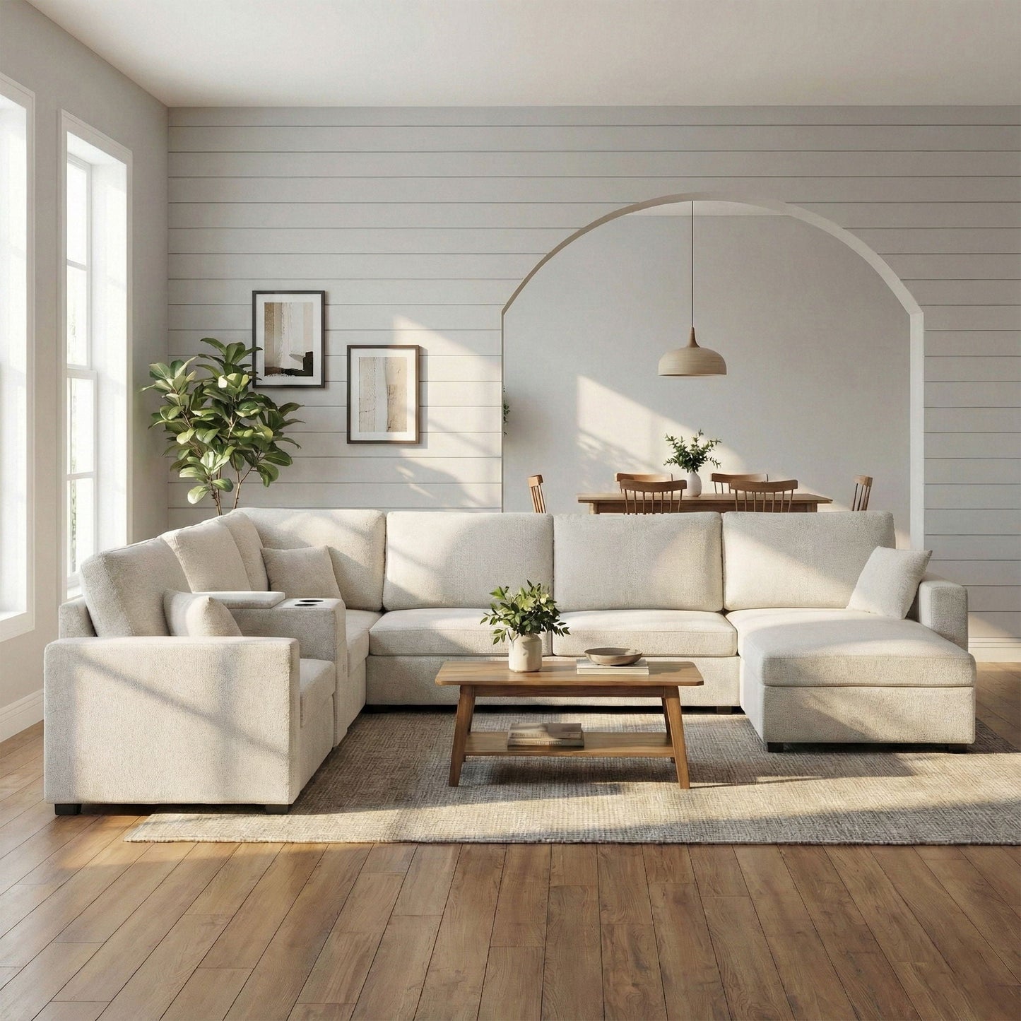 Modular 5 Seat U-Shape Sectional Sofa With Chaise Lounge, Built In Cup Holders And Storage Drawer