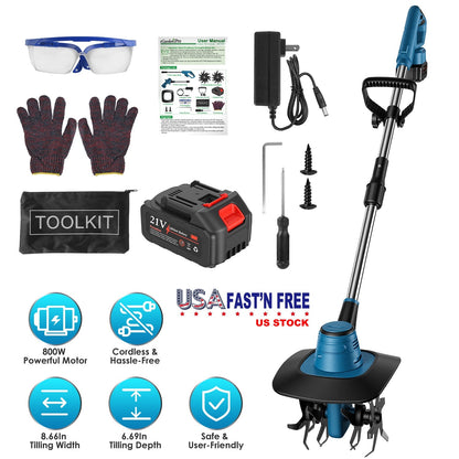 800W 21V Cordless Tiller Cultivator 3.0Ah Battery Powered Tiller with 8.66" Width 6.69" Depth Manganese Steel Tines for Soil Cultivation Weeding Garde