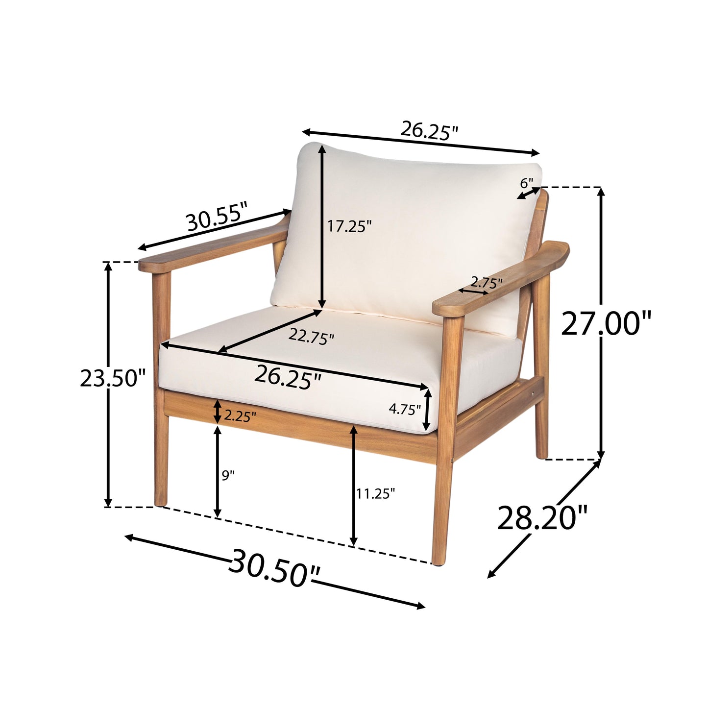 30.5" Mid-Century Modern Outdoor Lounge Chair with Cushions