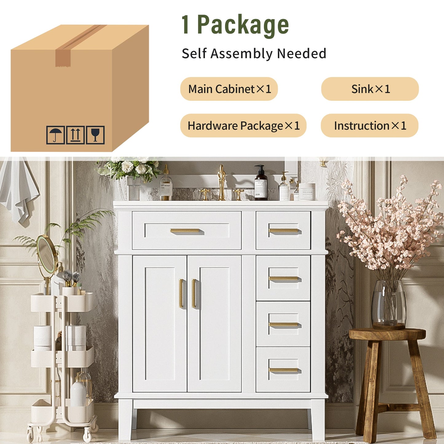 30" Bathroom Vanity with Ceramic Sink and Modern Storage Cabinet
