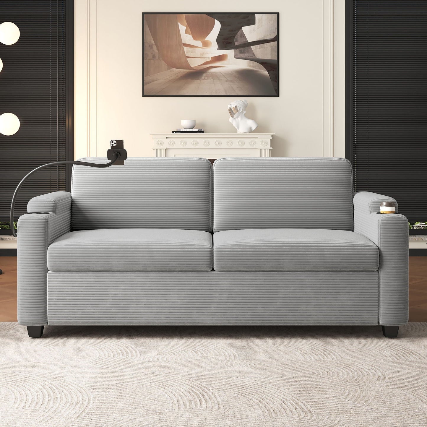 Sleeper Sofa Loveseat Sofa With Full Size Mattress, 2 USB Ports, 2 Cup Holders, 2 Side Pockets And Phone Holder