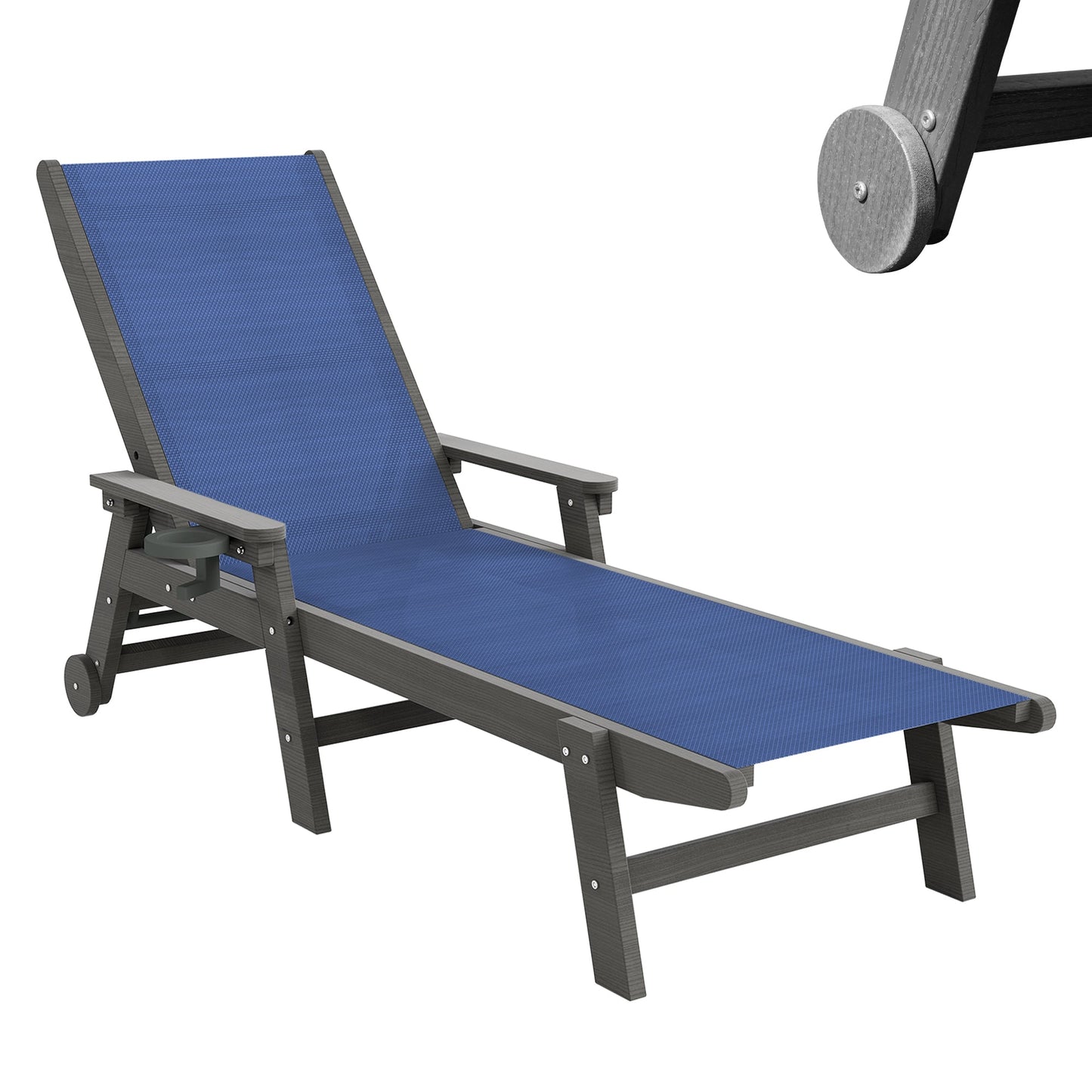 Lounge Chair Outdoor, HDPE Chaise Lounge with Wheels and 5-Position Recliner