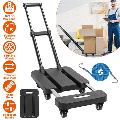 Folding Hand Truck Collapsible 165LBS Heavy Duty Luggage Cart Foldable Utility Dolly Platform Cart with 3-Length Telescopic Handle 6 Wheels 1 Elastic
