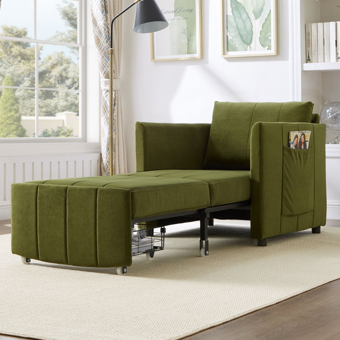Upholstered Convertible Sleeper Sofa With 5 Position Backrest, Side Pockets, Storage