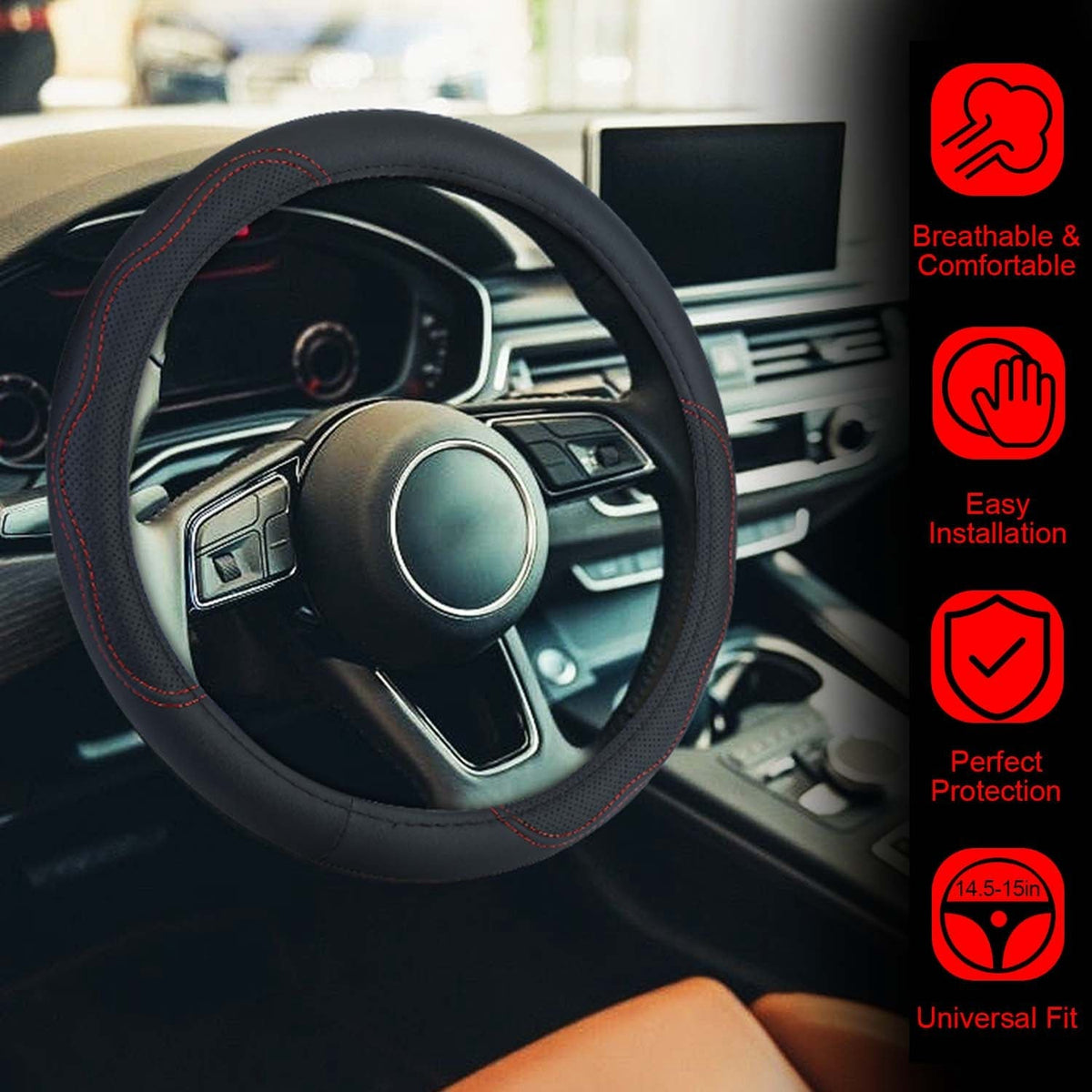 Steering Wheel Cover 14.5in-15in Diameter Universal Fiber Leather Car Steering Wheel Protector Breathable Anti-Slip Odor Free