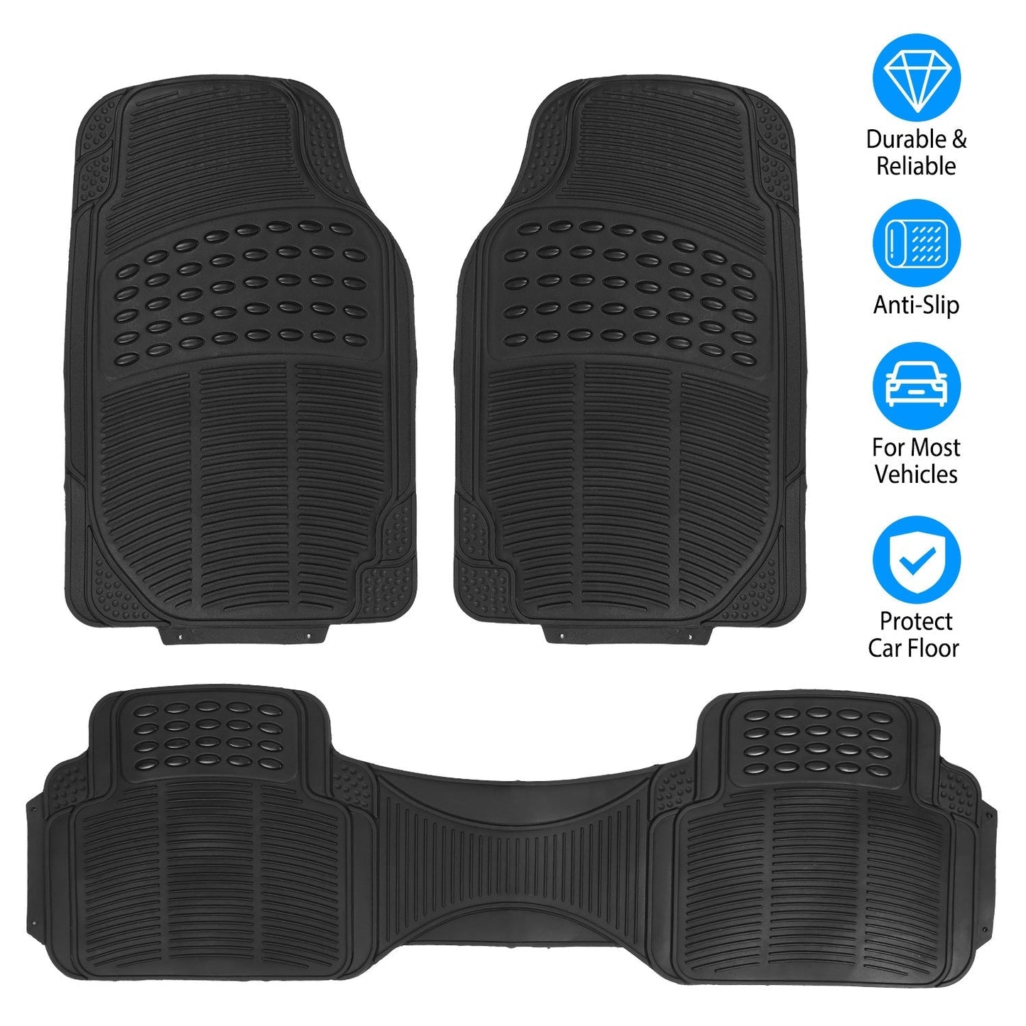 3Pcs Automotive Floor Mats Set Front Rear PVC Rubber Floor Mats Heavy Duty Drive Vehicle Car Mats with Trimmable Design Fit Most Cars SUVs Trucks