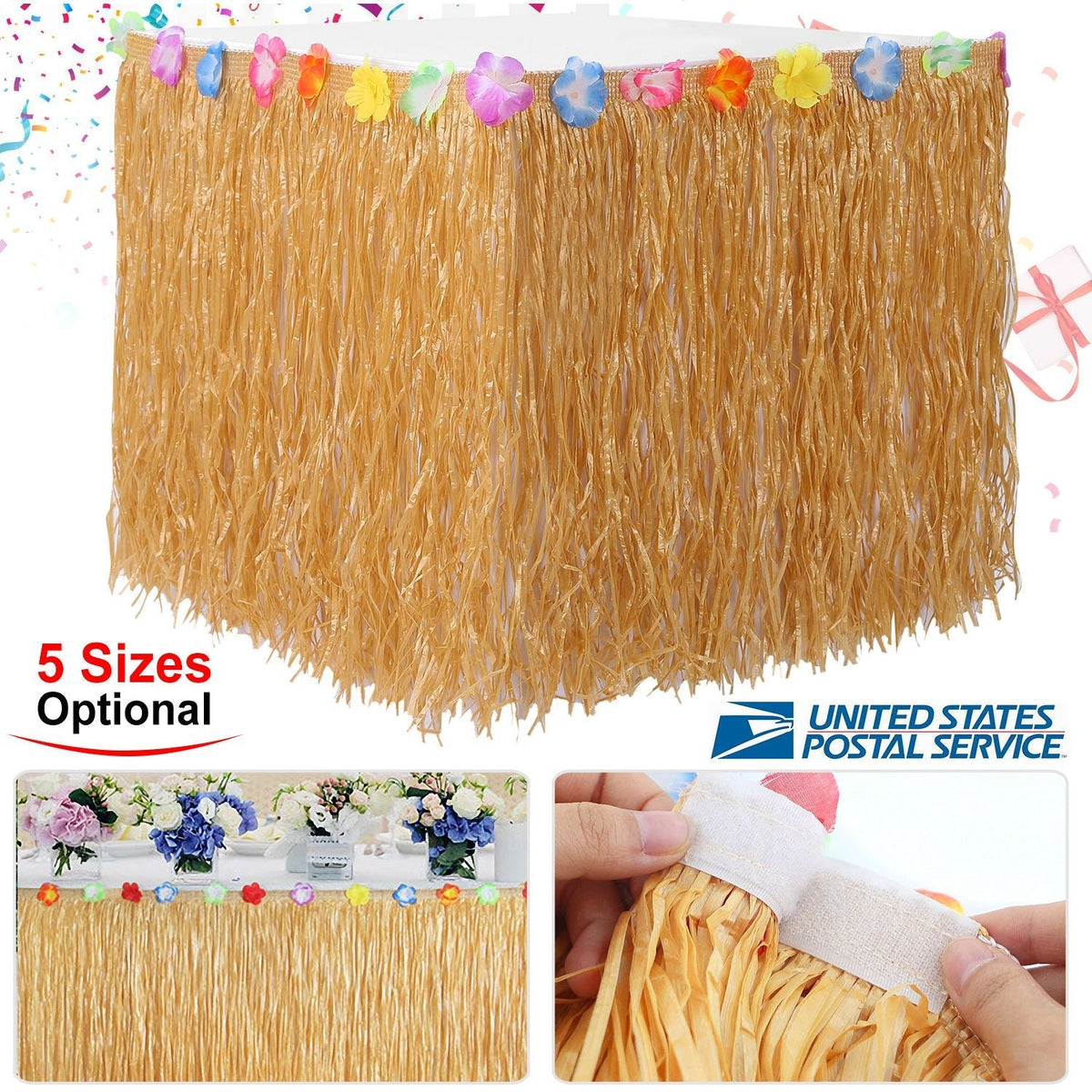 Grass Table Skirt Hawaiian Luau Party Decorations Supplies w/Hibiscus for Buffet BBQ Tiki Bar Beach Birthday Party Use