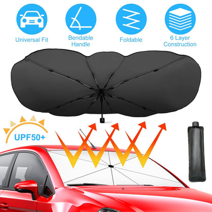 57x33In Foldable Car Sun Umbrella Universal Sun Blocker Shield Shade Silver Titanium Sun Protector with Carry Bag for Car Truck SUV
