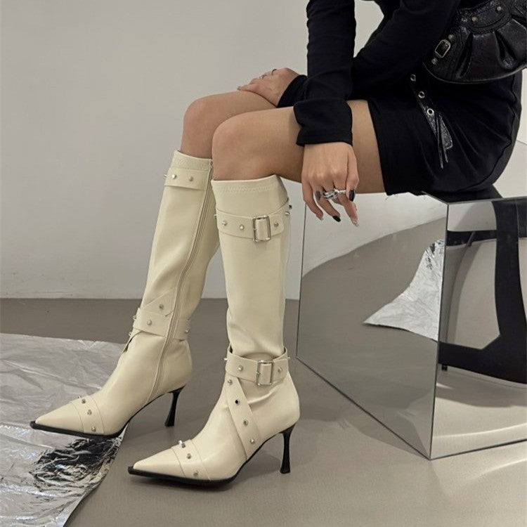 Women's Pointed Toe High Heel Knee-High Knight Boots, 2026 New Autumn Winter Slim Fit Boots, Vintage Studded Boots With Belt Buckle