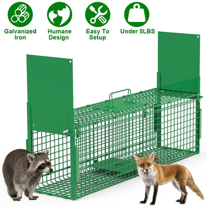 38in 2 Door Live Animal Cage Trap For Animals Under 18LBS Easy To Setup Humane Galvanized Iron Trap Cage For Raccoons Armadillos Groundhogs Muskrats O