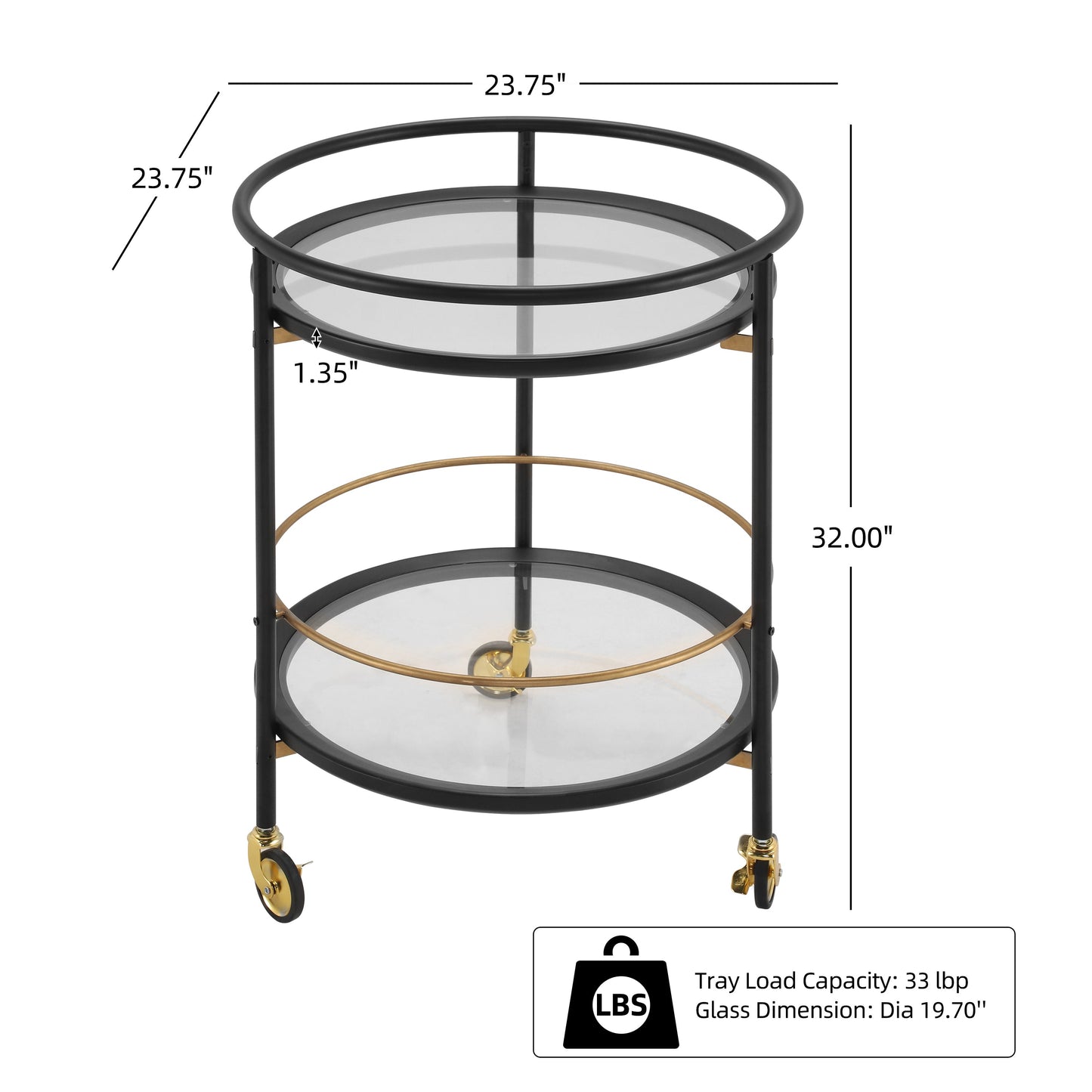 Modern Round Bar Cart with Tempered Glass Shelves