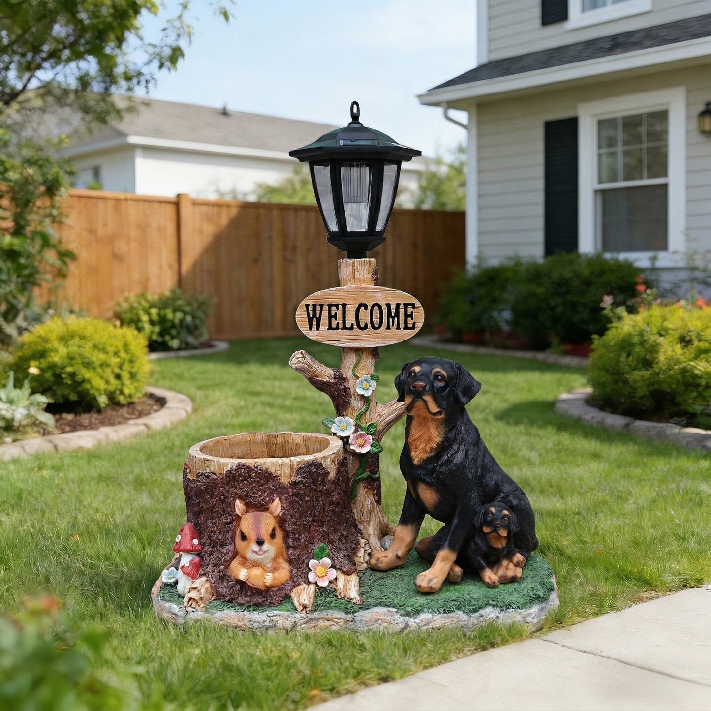 Rottweiler Dog Family Planter Statue