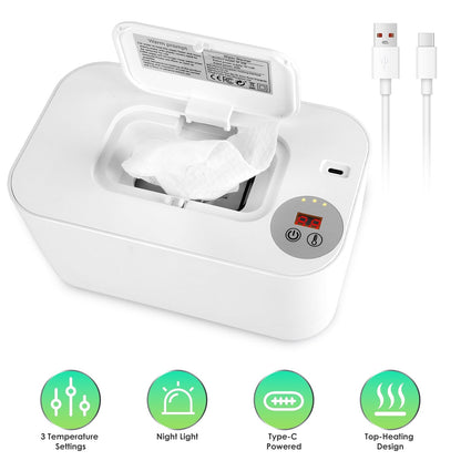 Baby Wipe Warmer With 3 Temperature Settings Type-C Powered Baby Wet Wipes Dispenser With Night Light Large Capacity Diaper Wipe Warmer For Baby