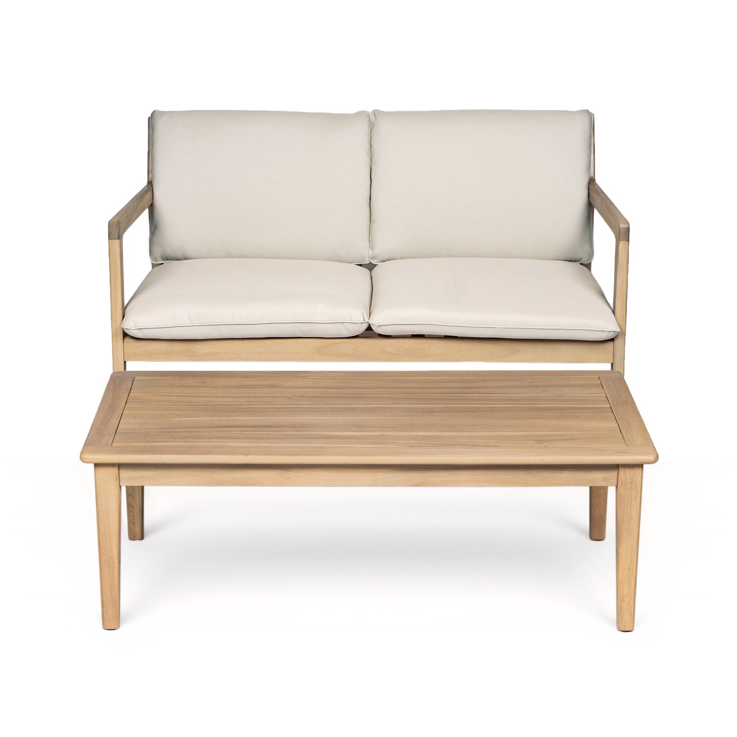 Outdoor Acacia Wood Loveseat with Coffee Table, Light Teak Frame