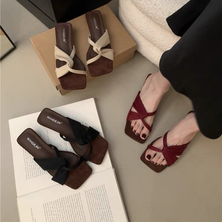 Women French Unique Design Block Heel Slide Sandals, 2026 New Summer Square Toe Open Toe Mid Heel Outdoor Slippers