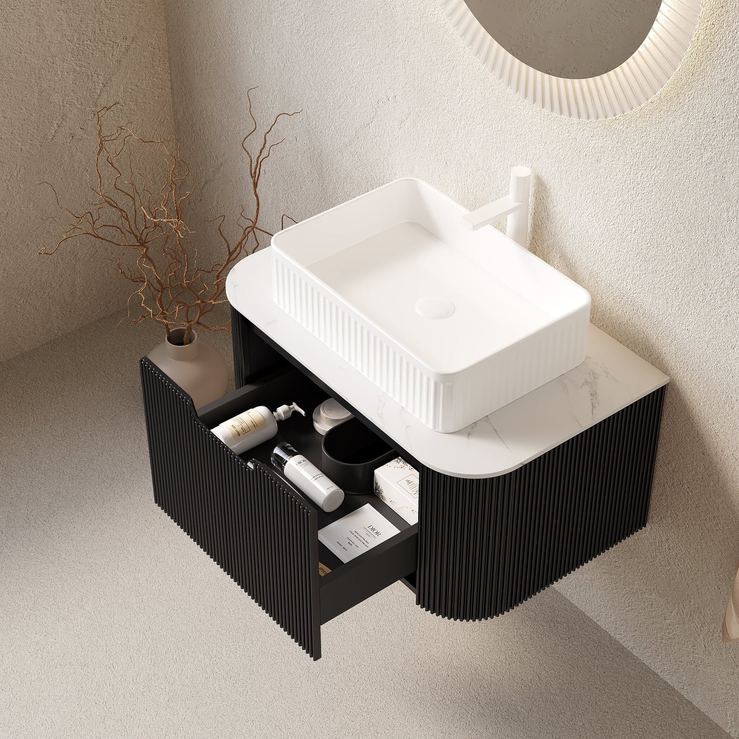 DINA 30" Bathroom Vanity & Sink, Floating Curved Edges Storage Cabinet