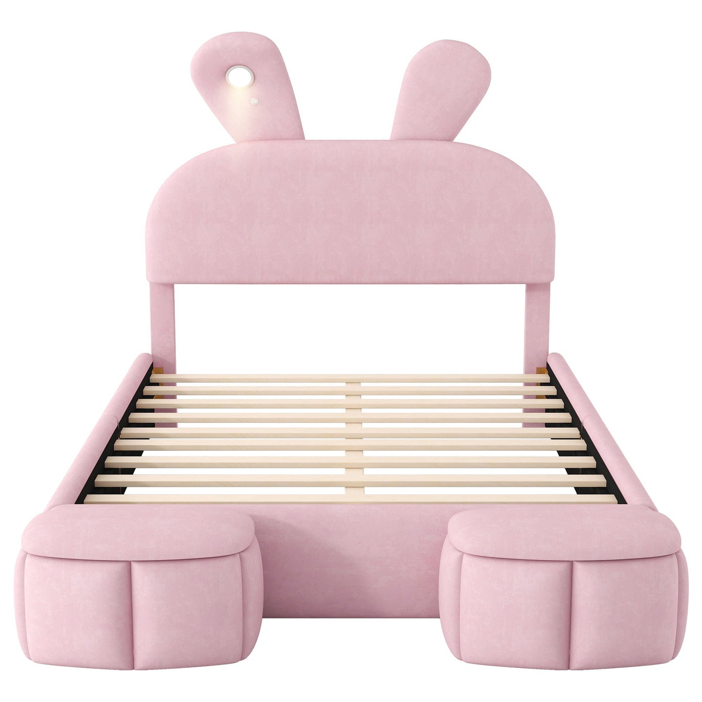 Full Upholstered Platform Bed With Cartoon Ears Headboard And LED Light - Pink